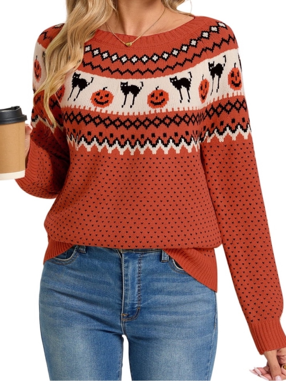 Orange Halloween Knit Sweater with Cat & Pumpkin Pattern